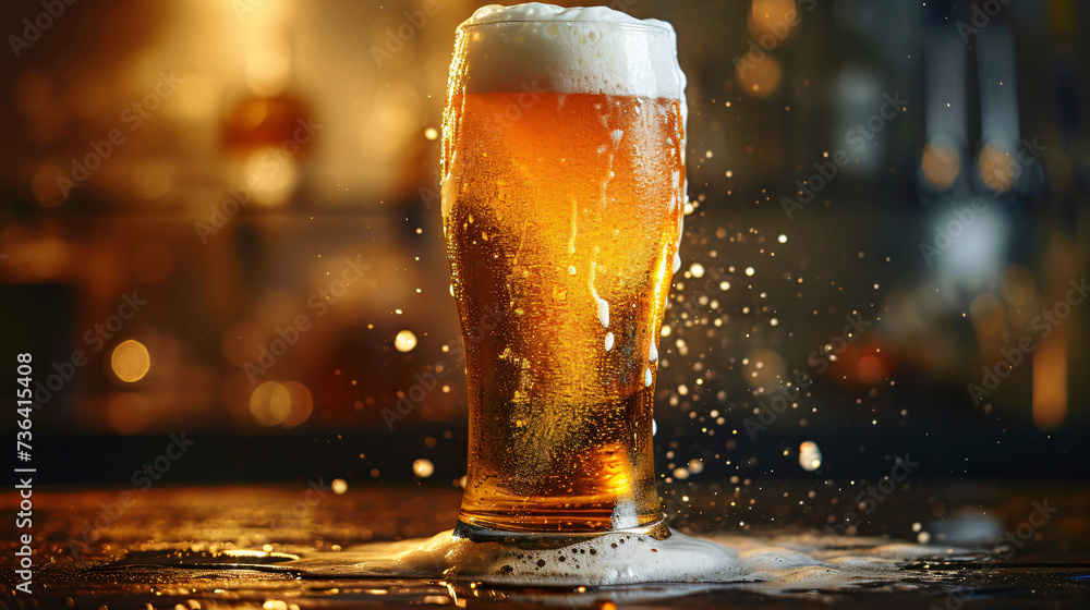 glass of beer with foam on the table isolated blur background glass of beer with foam on the table isolated blur background