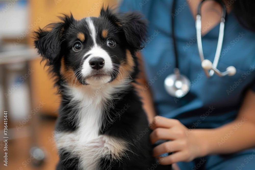 A black australian collie puppy wears a stethoscope around its neck, ready to be the perfect pet for the woman indoors