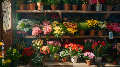  Photo of a flower shop display with various bouquets of flowers and potted plants on a wooden shelf © Dominik