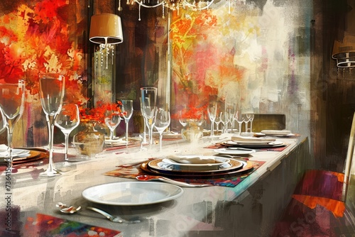 The painting depicts a dining room table adorned with meticulously arranged place settings, Artistic rendering of a fine dining featuring Saffron Spice, AI Generated