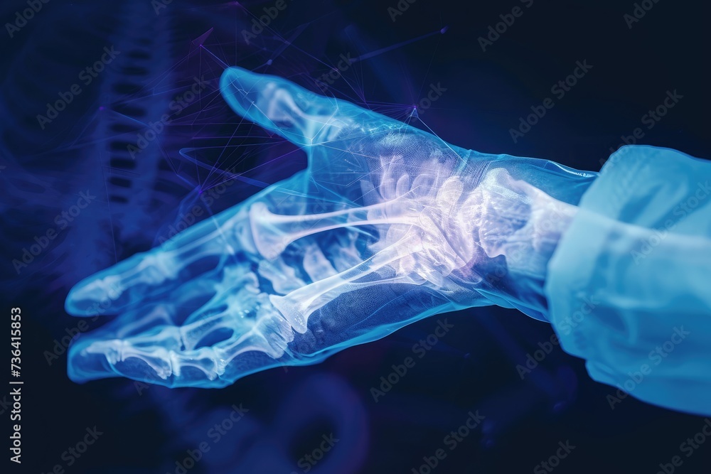 Fototapeta premium A detailed close-up shot of a hand firmly holding a pen in a vertical position, Artistic representation of a fractured wrist being treated, AI Generated