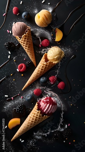 Artistic display of ice cream cones with berries and chocolate syrup splash on dark background. delicious dessert presentation. AI