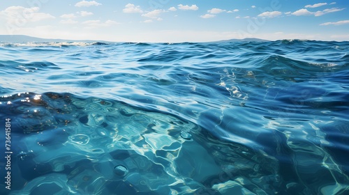 A tranquil cobalt blue ocean, with a gentle breeze creating ripples on the water's surface