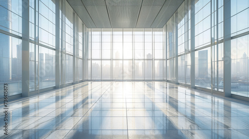 interior view from a modern office  with a clear sightline through large floor-to-ceiling windows that offer a panoramic view of a city skyline in a soft  diffused light