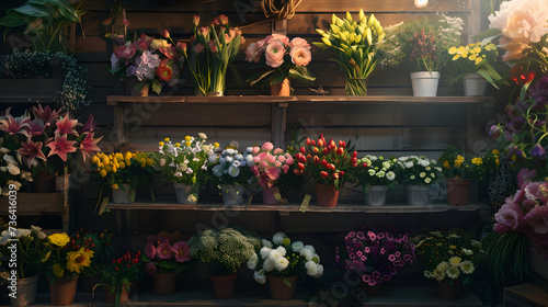  Photo of a flower shop display with various bouquets of flowers and potted plants on a wooden shelf