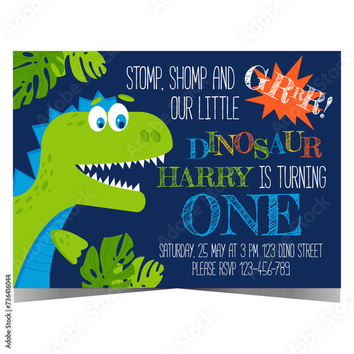 Dinosaur party invitation poster or banner for children's birthday. Vector illustration with funny cartoon dino inviting boys and girls to celebrate anniversary in happy and cheerful ambiance.