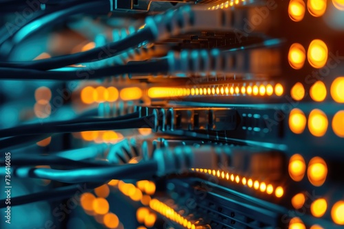 A detailed view of a server featuring numerous vibrant yellow lights, Artistic representation of a network switch in a sparse design, AI Generated © Iftikhar alam