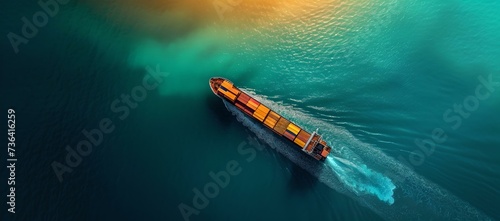 Cargo ship voyaging through turquoise waters under the golden hour sunlight. perfect image for transport and logistics concepts. AI © Irina Ukrainets