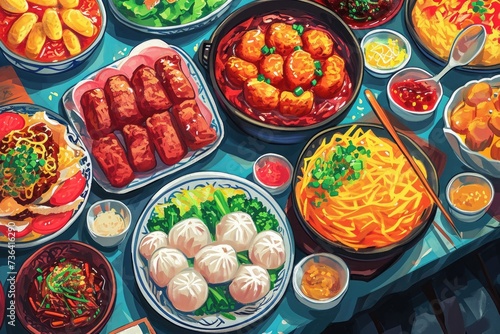 A vibrant painting showcasing a variety of delicious food items elegantly arranged on a table, Artwork for a food-oriented podcast with visually appetizing images of different cuisines, AI Generated