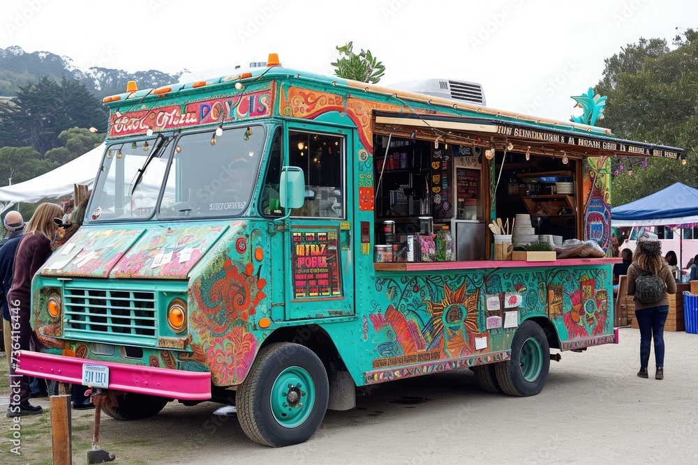 A vibrant food truck displaying a variety of colors and parked in a busy parking lot, Arty, bohemian style food truck at a craft fair, AI Generated