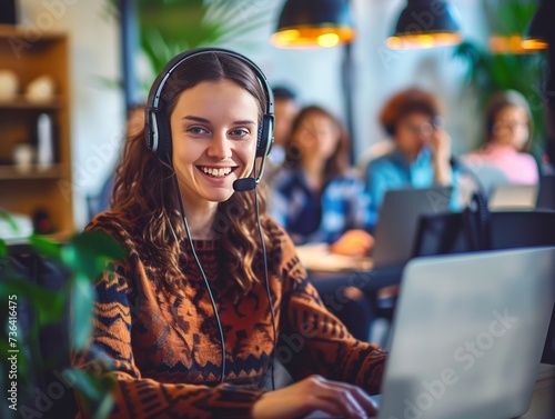 Positive project manager woman in headphones speaking on video conference call from workplace, using laptop for business communication, streaming, broadcasting on Interne