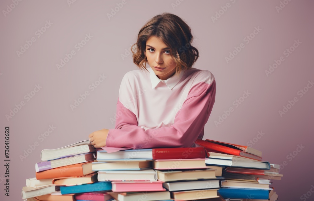 a young woman with a stack of books