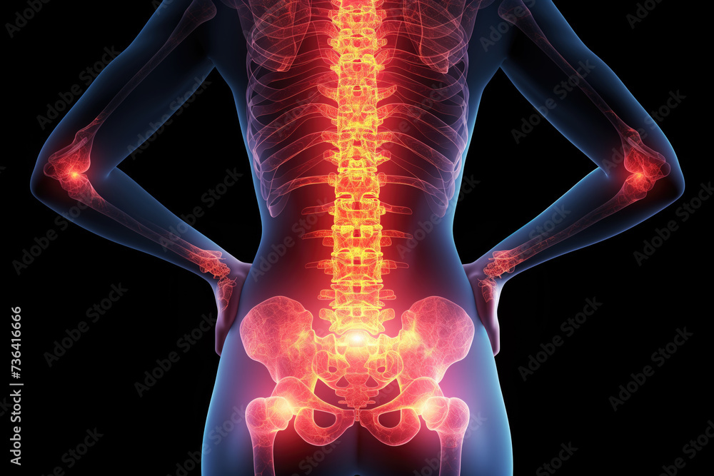 Hip joint pain, lumbar spine hernia, human body with osteoarthritis on a black background, health problems concept - obrazy, fototapety, plakaty 