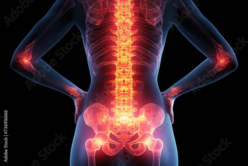 Hip joint pain, lumbar spine hernia, human body with osteoarthritis on a black background, health problems concept