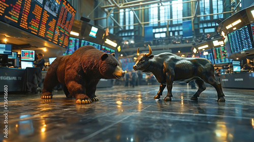 bear and a bull statue stand in a stock exchange, facing each other as traders work and monitors show market data in the background