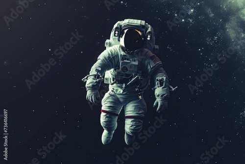 An astronaut floats weightlessly in space, surrounded by a backdrop of twinkling stars, Astronaut in a glowing white spacesuit drifting in the black void of space, AI Generated