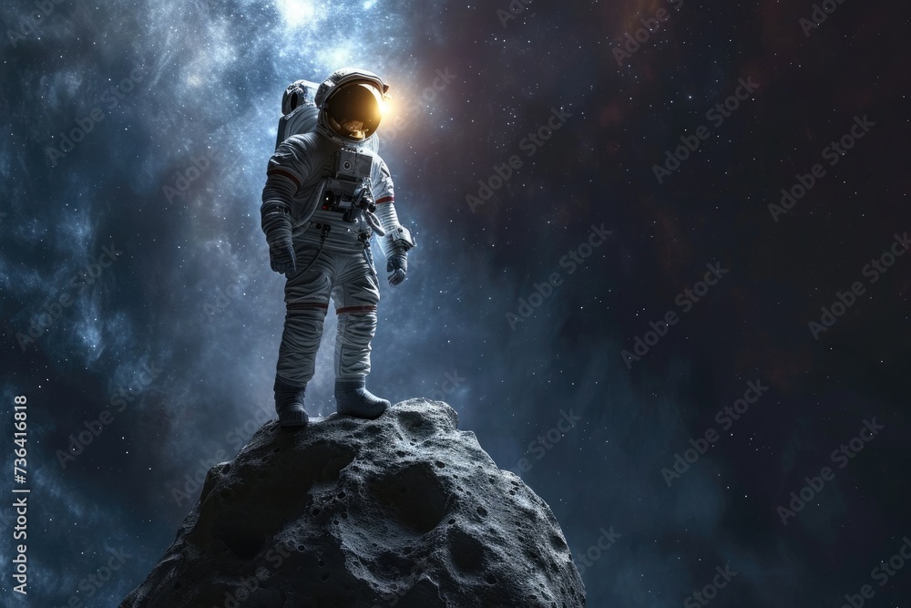 An astronaut stands on a rock in the vastness of space, Astronaut in spacesuit standing on asteroid in space, AI Generated