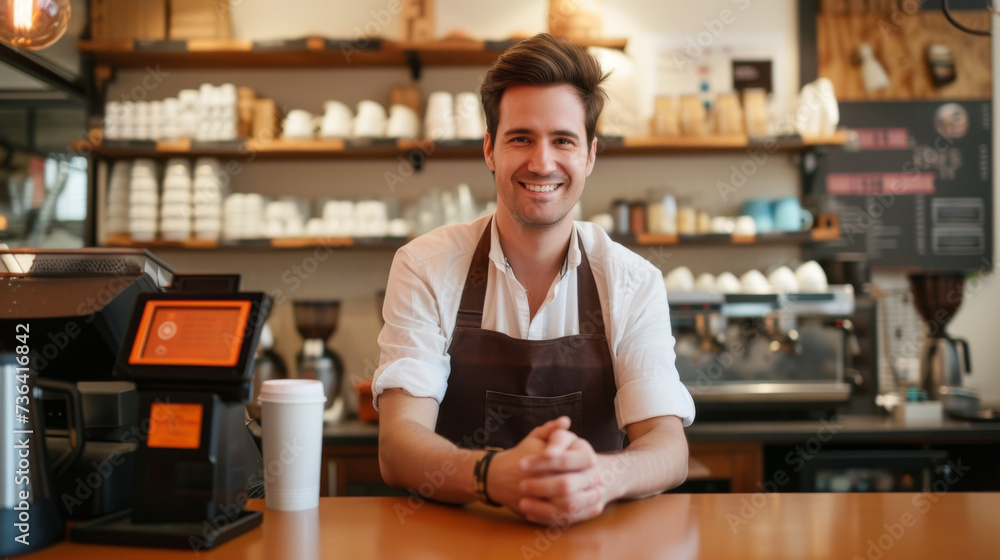 cheerful young man wearing a brown apron stands behind the counter of a cozy coffee shop. cheerful young man wearing a brown apron stands behind the counter of a cozy coffee shop.