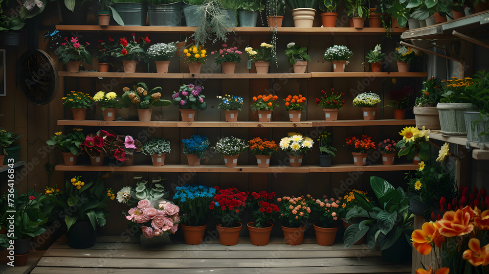 Fototapeta premium Photo of a flower shop display with various bouquets of flowers and potted plants on a wooden shelf