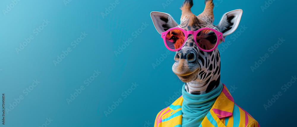 A playful cartoon giraffe struts confidently in a furry shirt and stylish pink sunglasses, exuding charm and individuality as a unique mammal in the animal kingdom A playful cartoon giraffe struts confidently in a furry shirt and stylish pink sunglasses, exuding charm and individuality as a unique mammal in the animal kingdom
