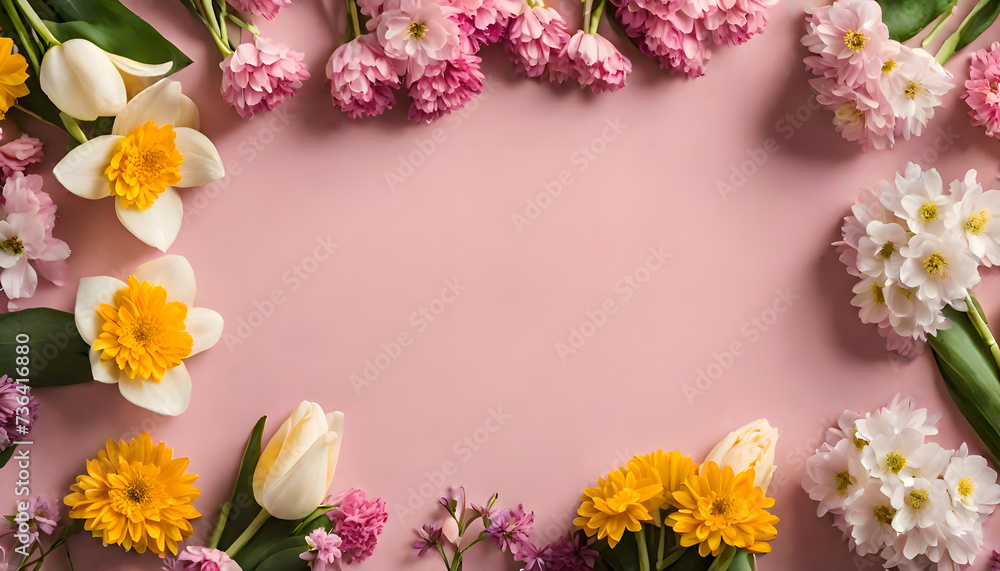 Bouquet of beautiful spring flowers top view. International Women Day. Flat lay. Background with copy space. Banner