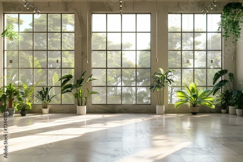 Empty hall in modern building with tall windows and plants 