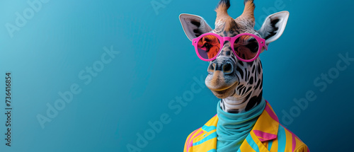 A playful cartoon giraffe struts confidently in a furry shirt and stylish pink sunglasses  exuding charm and individuality as a unique mammal in the animal kingdom