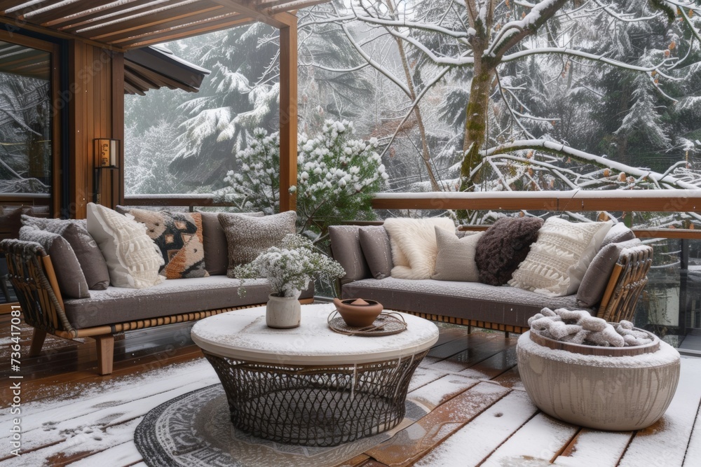 Fototapeta premium outdoor furniture on a snowy deck
