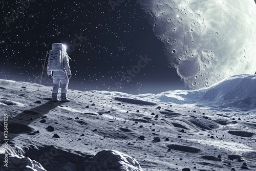 An astronaut wearing a spacesuit stands on the gray surface of the moon  with Earth visible in the distance  Astronauts discovering ancient cave paintings on distant moon  AI Generated