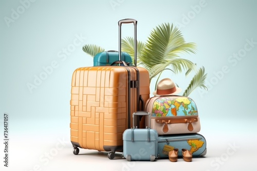 Suitcase with travel accessories on white background, Suitcases, hat, sunglasses and palm leaves on green background, AI generated