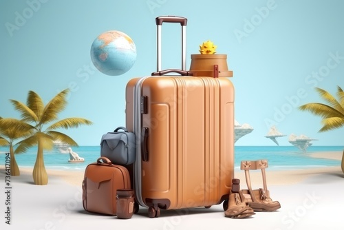 Suitcase with travel accessories on blue background, AI generated