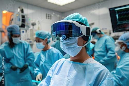 A group of doctors wearing scrubs and goggles are examining patients in a hospital setting, Augmented reality glasses assisting in surgery, AI Generated
