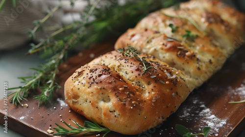 Photo of freshly baked artisan bread on a wooden board with herbs