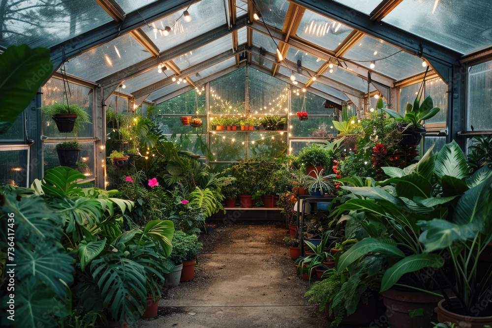 A greenhouse filled with a diverse array of plants thriving under the glow of numerous lights, Autilitarian-style greenhouse filled with tropical plants and hanging fairy lights, AI Generated