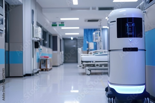 A robot stands in a hospital hallway, ready to assist with its programmed functionalities, Automatic sanitizer dispensing robot in a hospital, AI Generated