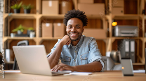 young man with an afro hairstyle is smiling at the camera, and leaning on a table with a laptop in a warehouse or a small business setting.