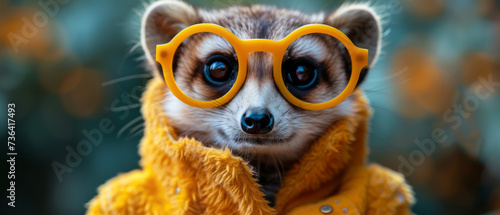 A curious lemur-like raccoon with bright yellow glasses perches in the outdoor wilderness, its eyes shining with a playful and mischievous glint