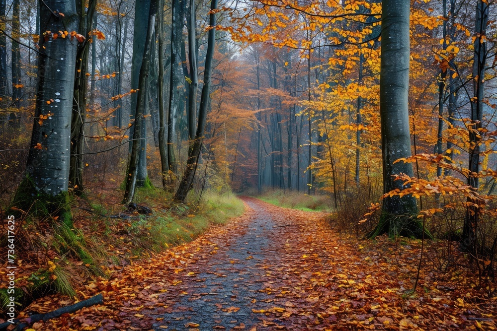 A pathway winding through a dense forest, with an abundance of fallen leaves covering the ground, Autumn foliage in a secluded forest path, AI Generated