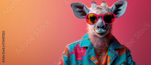 A fashionable giraffe confidently stands against a wall, sporting a pair of stylish sunglasses that perfectly complement its natural elegance and grace