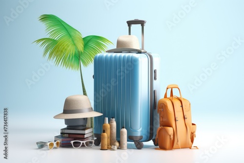 Suitcase with travel accessories on blue background, Suitcases, hat, sunglasses and palm leaves on green background, AI generated