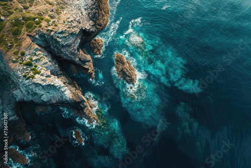 This aerial photograph captures the vast expanse of the ocean meeting rugged cliffs along a remote coastline, Awe-inspiring aerial portrait of a rippling sea against a rocky headland, AI Generated