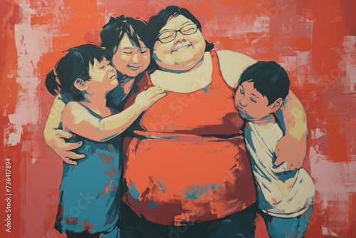 Asian smiling mother and her children hugging each other, Mother's Day concept family