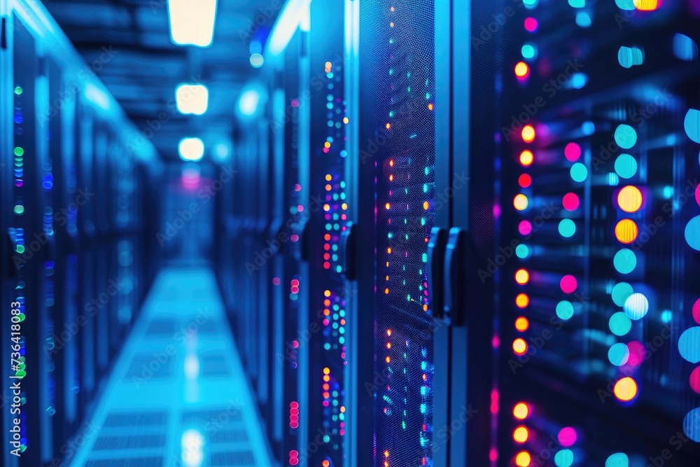 Rows of servers are seen in a data center, illuminated by bright ...