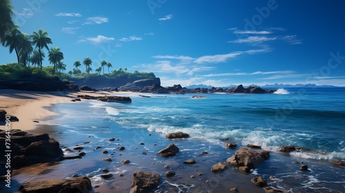 A tranquil cobalt blue ocean, with a lone palm tree swaying gently in the sea breeze