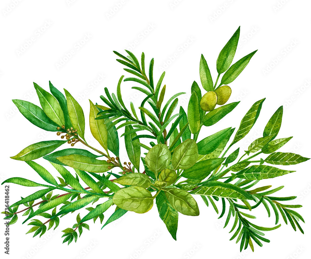 Watercolor hand painted banner with green leaves and branches. Spring or summer flowers for invitation, wedding or greeting cards. Floral design for wedding invitations, greeting cards, prints. Watercolor hand painted banner with green leaves and branches. Spring or summer flowers for invitation, wedding or greeting cards. Floral design for wedding invitations, greeting cards, prints.