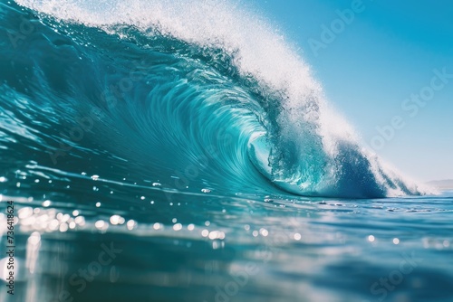 A massive wave breaks forcefully, creating a dramatic display of power and energy in the ocean, Barrel wave breaking on a sunny day, AI Generated