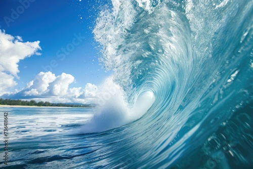 A massive wave crashes forcefully against the shoreline, creating a dramatic display of power and energy, Barrel wave breaking on a sunny day, AI Generated