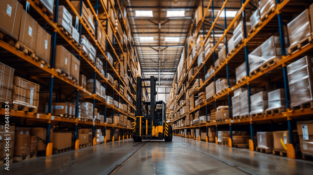 Forklift in warehouse aisle with shelves of goods representing logistics, distribution, commerce, and storage.