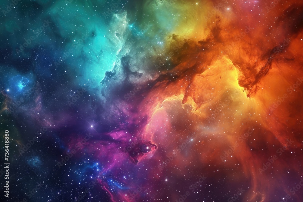 A vibrant scene showing a space filled with colorful stars and clouds, Beautiful color clashes forming a vibrant space nebula, AI Generated