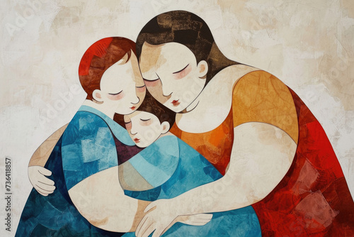 A heartwarming painting of a woman holding two children in her arms, a moment happiness, concept
